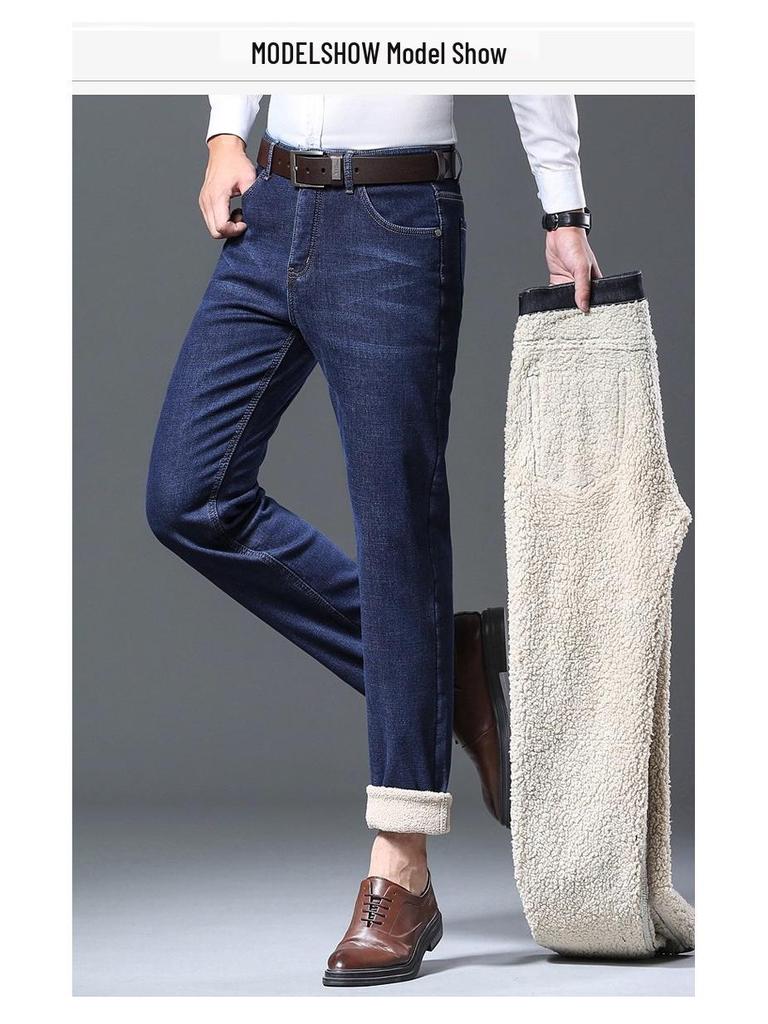 Jeans Homme Laine d'Agneau Doublés Polaire Extra Épais - Pantalon Décontracté Hiver Taille Haute