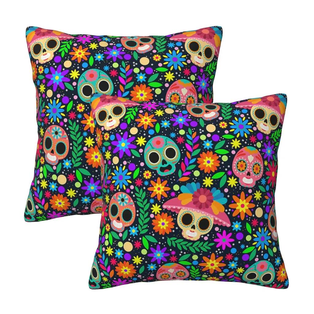 Sugar Skull Mexican Flower Halloween Day Of The Dead 2 Pcs Square Pillowcase Pillow Cover Cushion Comfort Throw Pillow For Home