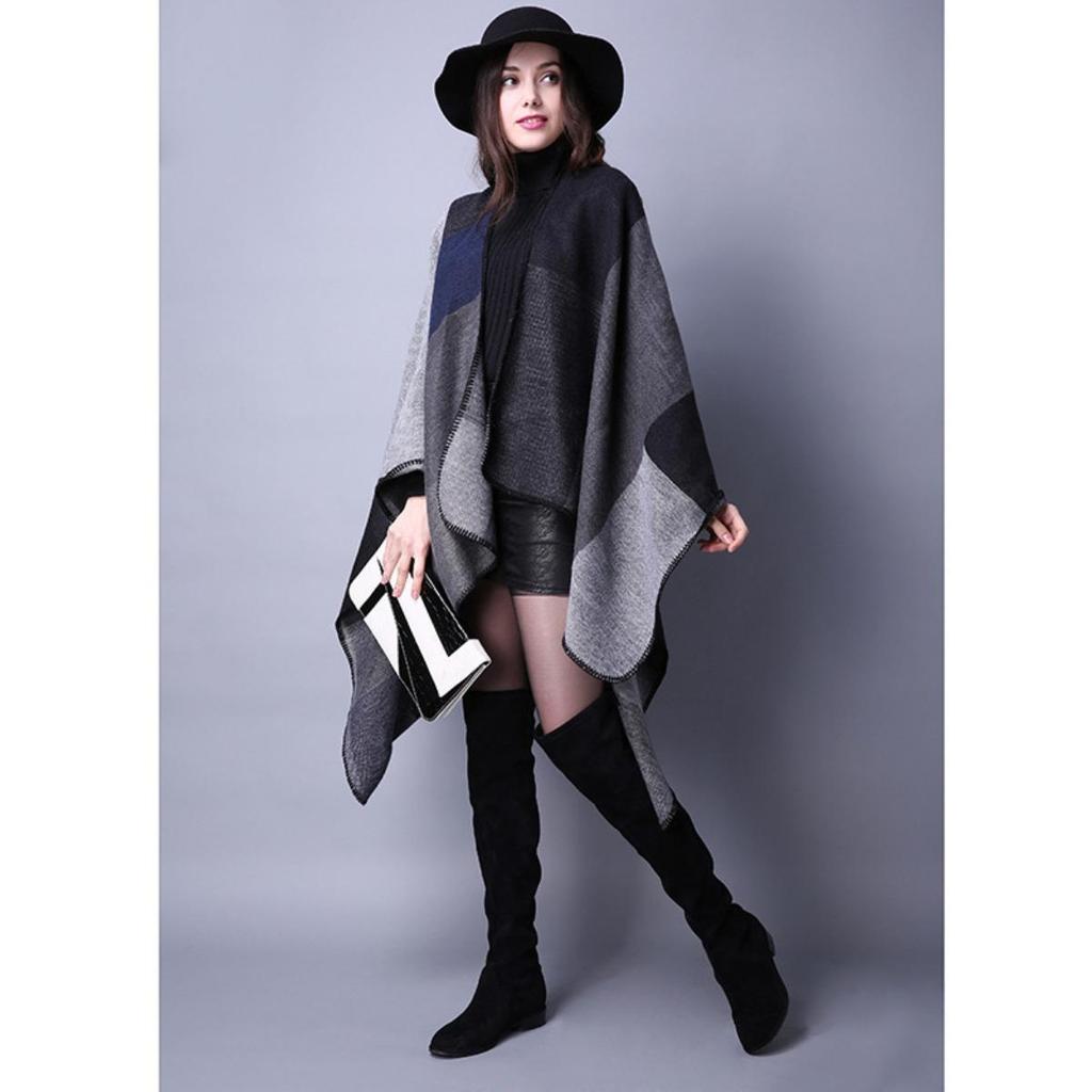 Sciarpa Autunnale e Invernale, Scialle da Viaggio Versatile a Quadri da Donna, Mantello Spaccato Spesso Etnico in Imitazione Cashmere