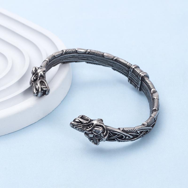 Viking Double Wolf Head Bracelet Stainless Steel Mens Jewelry Retro Norse Warrior Accessory
