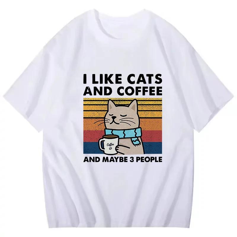 American Retro Trendy TShirt Fashion Women Summer Tees Tops Tshirt Funny Cat and Coffee T Shirt Clothes Graphic Streetwearr YK