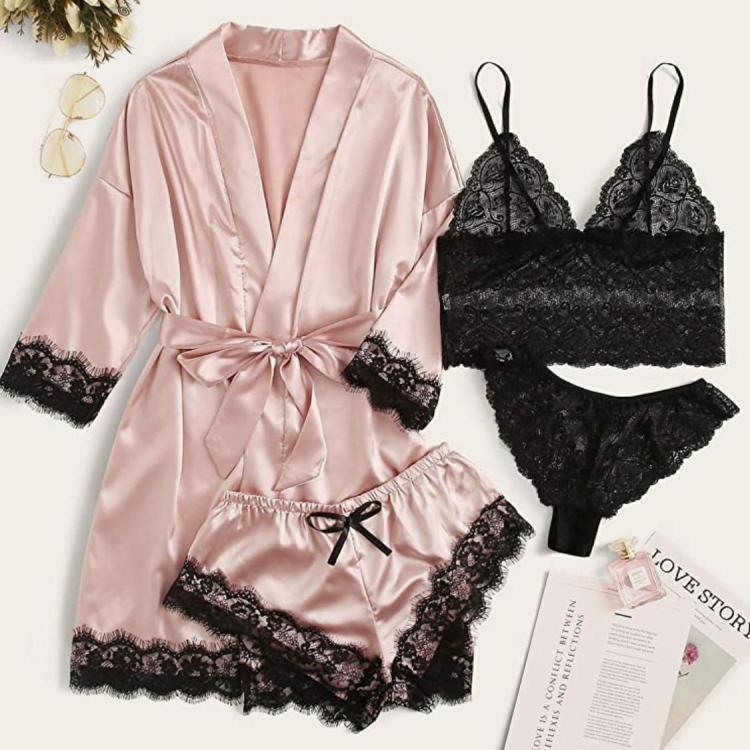 European & American Women's Sexy Lace Pajamas, Plus Size, 4-Piece Set - Homewear & Lingerie