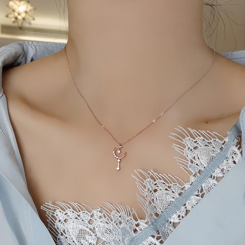 Super Fairy Star Moon Fairy Stick Necklace for Women, Light Luxury High-end Temperament Pendant Collarbone Chain Trendy