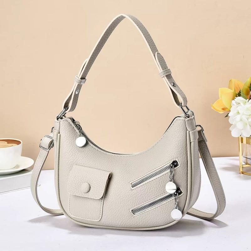 Fashionable Crescent Shoulder Bag with Multiple Zippers and Pocket Details Simple Crossbody Bag Solid Color Suitable for Daily Shopping