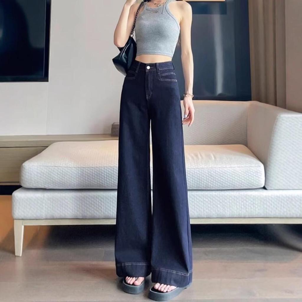 Frühling/Herbst 2024 Hochtaillierte Weitbein-Denimhose in Blau