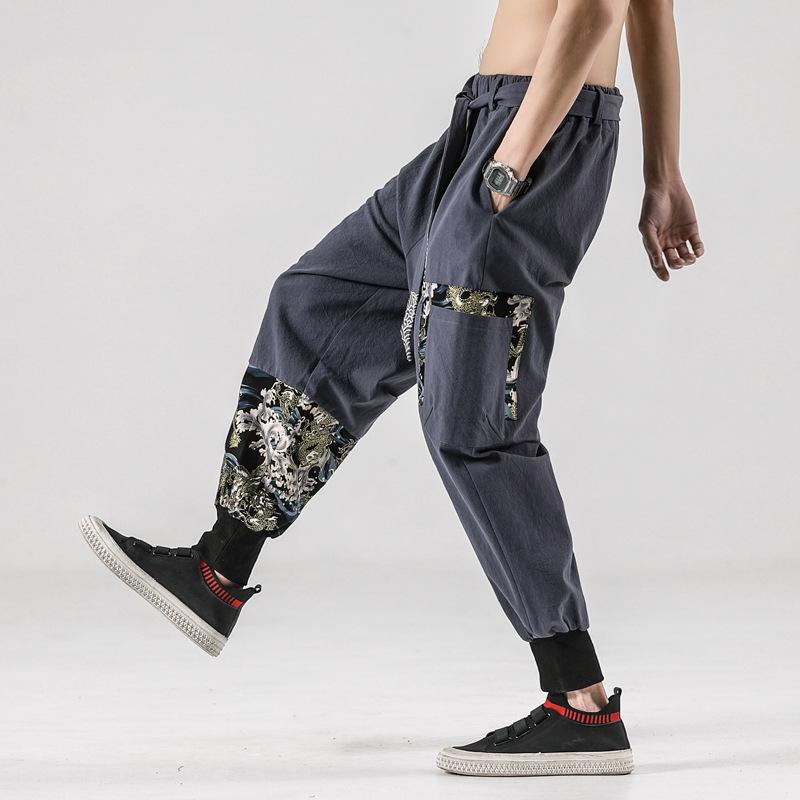 Spring/Summer 2026 Retro Chinese Style Men's Embroidered Cotton Linen Slim Pants