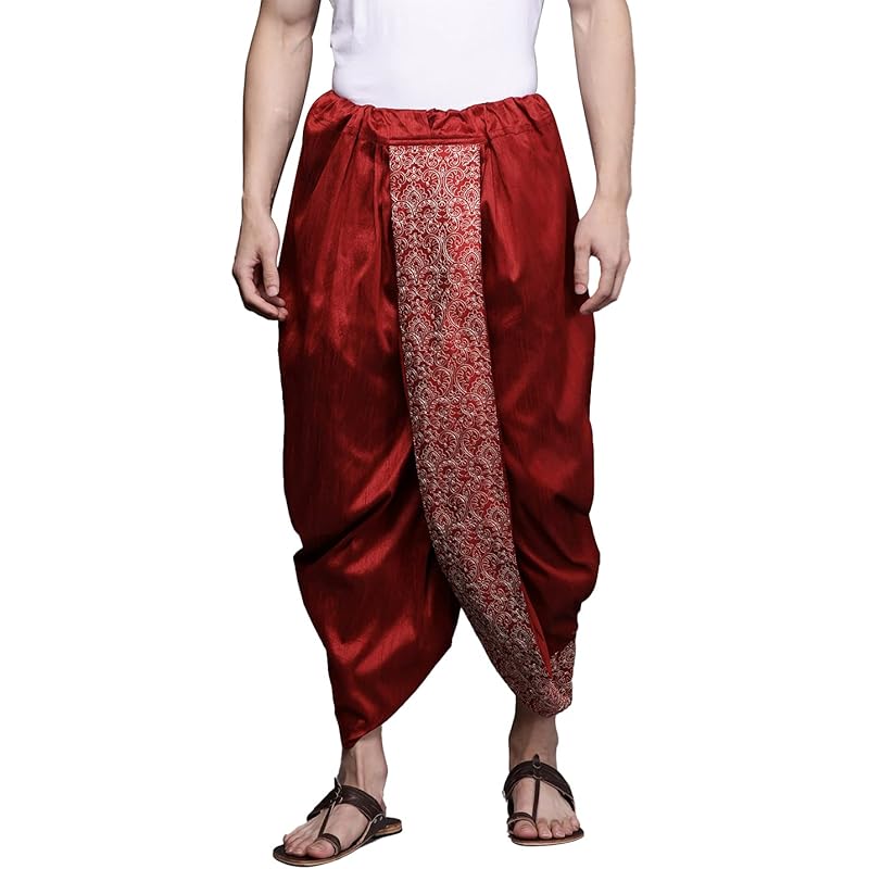 Manyavar Mens Maroon Art Silk Solid Dhotis