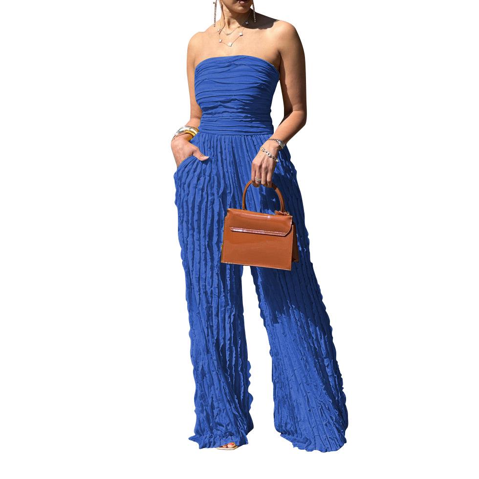 

AL312 Women s High Waist Strapless Jumpsuit: Sexy, Sleeveless, Wide-Leg, Perfect for Casual, Vacation, Party or Summer Wear. Extra Extra Large синій