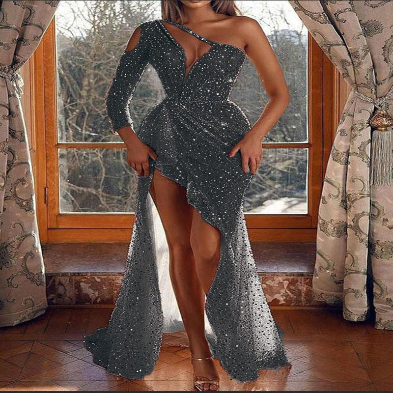 Dreamy High-Slit Sequin Evening Dress - Long Sleeve Women's Formal Wear