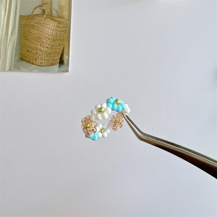 2025 Summer Macaron Color Beaded Flower Ring - Korean Porcelain Women's Jewelry
