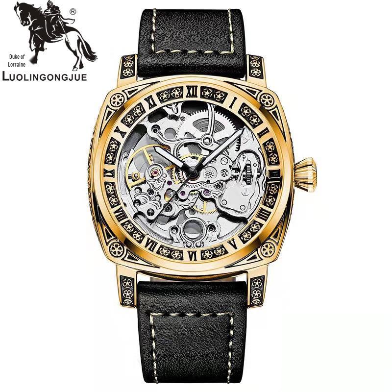 Herren Skelett Automatische Mechanische Uhr, Geprägtes Edelstahl