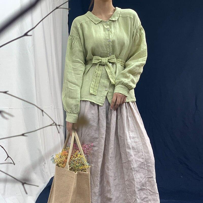 Johnature Vintage din bumbac lenjerie lejer Bandaj largi cămăși femei toamna guler răsturnat bluze cu mânecă lanternă