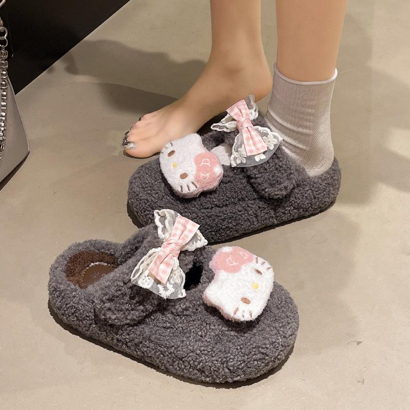 Cute cartoon KT cat fluffy slippers women's 2025 new fashionable versatile thick bottom heightening outer wear cotton slippers tide