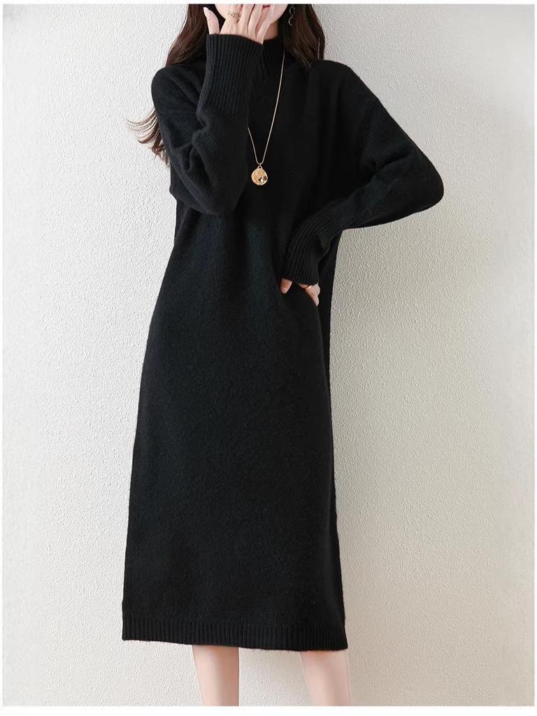Women's Slim Fit Knit Sweater Dress, Half-High Collar, Over-the-Knee, Long Skirt, Mid-Length, Base Layer.