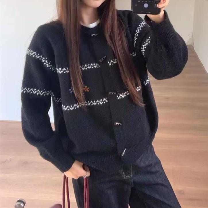 Korean Style Soft Knit Cardigan for Women - Fluffy Horn Button, Retro Embroidery, Lazy Style Sweater for Autumn/Winter