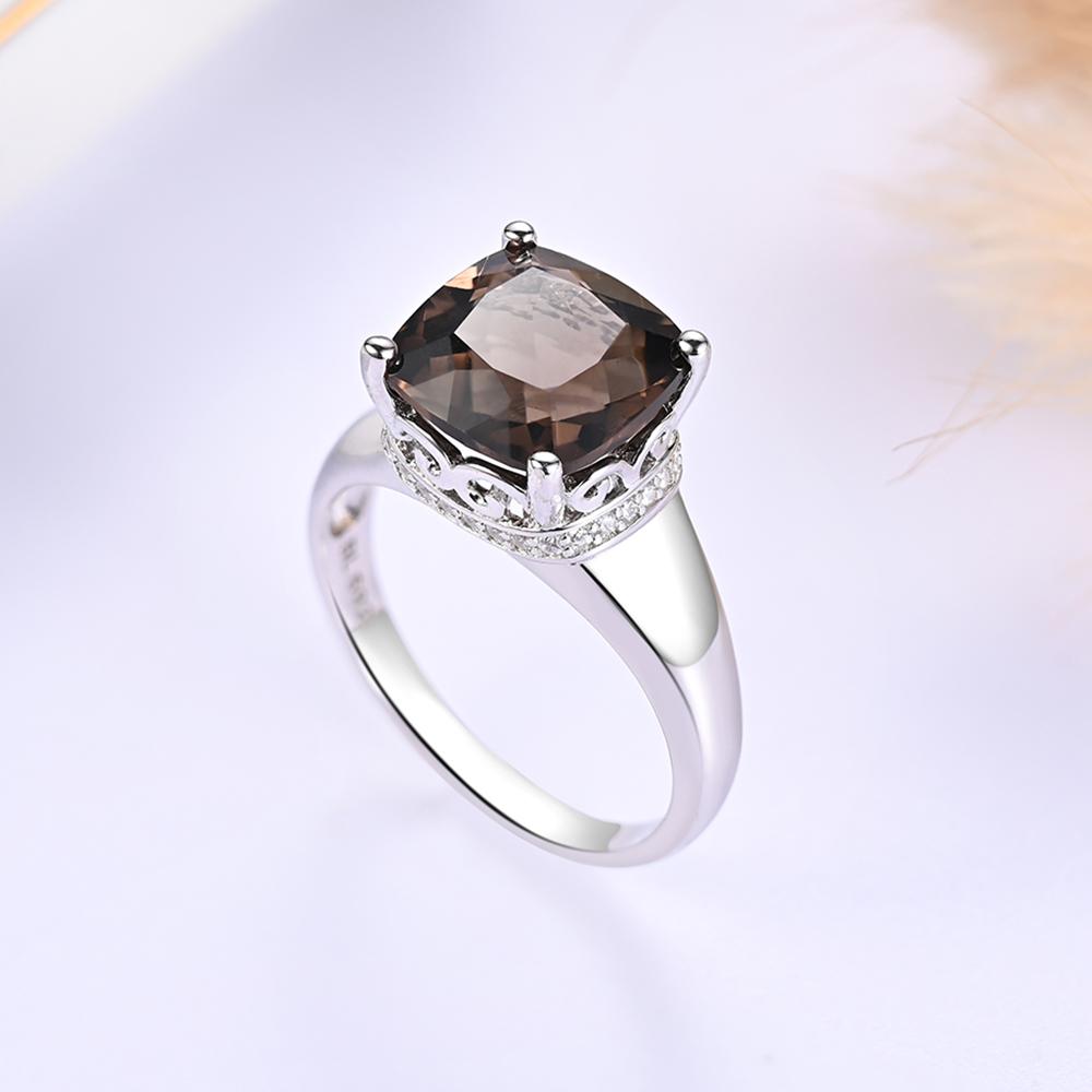 Simple Design Ring with Natural Smoky Quartz Cushion 10mm 925 Sterling Silver Fine Jewelry Women Nice Gift