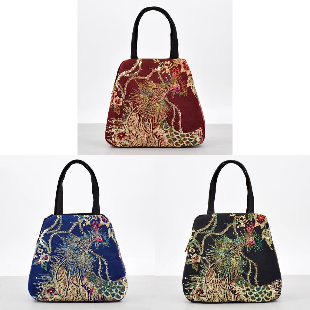 Ethnische Bestickte Canvas-Tasche Mit Pfauenmuster Für Den Täglichen Gebrauch