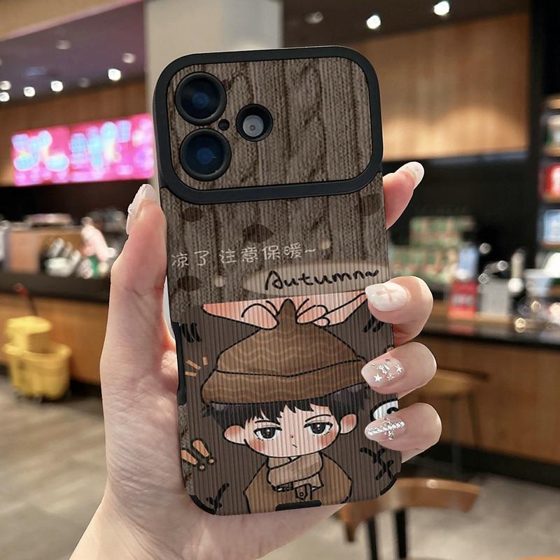 

Autumn Girl Boy Couple Printed Vertical Grain Leather Soft Silicone Phone Case Back Cover with Camera Lens Full Protection for iPhone 17 Honor 300 Pro