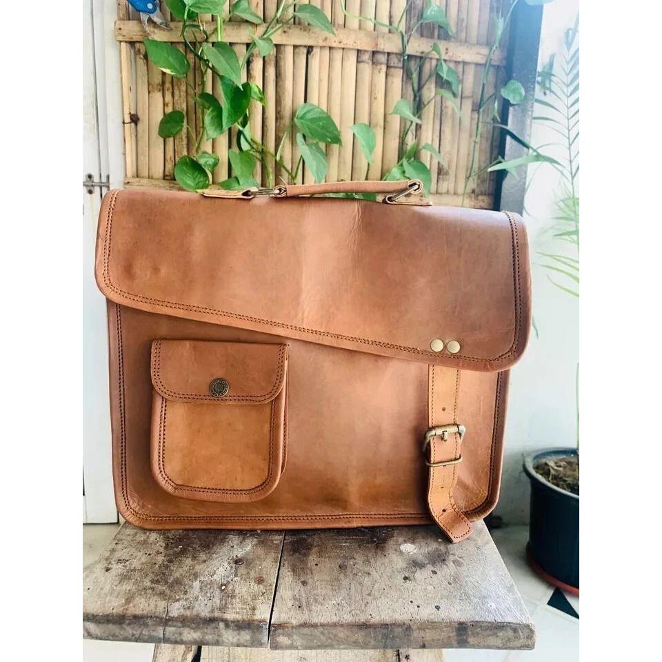 Women Vintage Brown Goat Leather Warranty Bag Shoulder Laptop Bag Briefcase