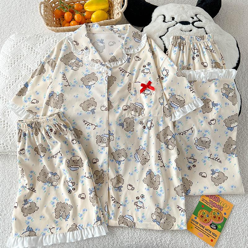 Summer thin short-sleeved pajamas women's style cartoon mikko loungewear imitation cotton three-piece set