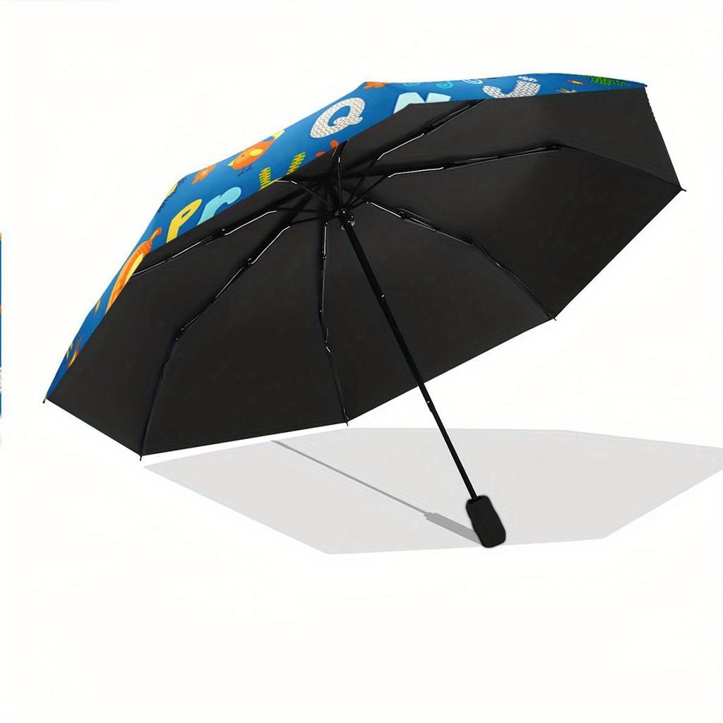 Automatic Folding Umbrella Colorful animals and alphabet letters on a blue background. Portable collapsible design, casual out