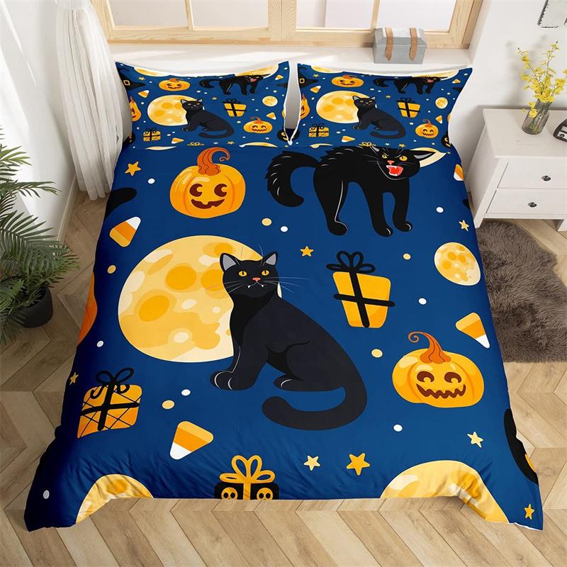 Cute Halloween Cat Duvet Cover Mystery Castle Bedding Set For Kids Teen Microfiber Misty Forest Bat Quilt Cover Queen Bedclothes