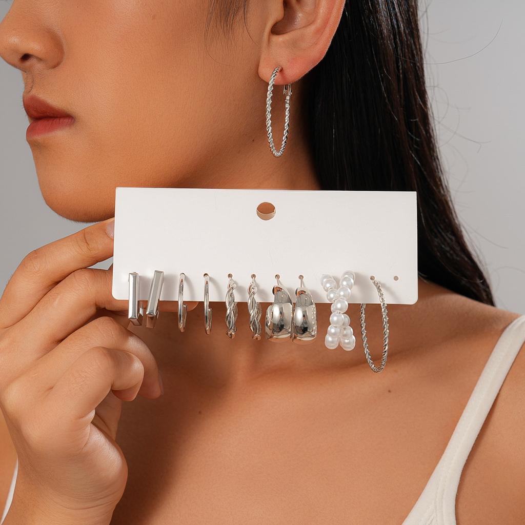 Twelve-piece Set of Metallic Geometric Twisted Silver Needle Earrings Cold Wind Earrings