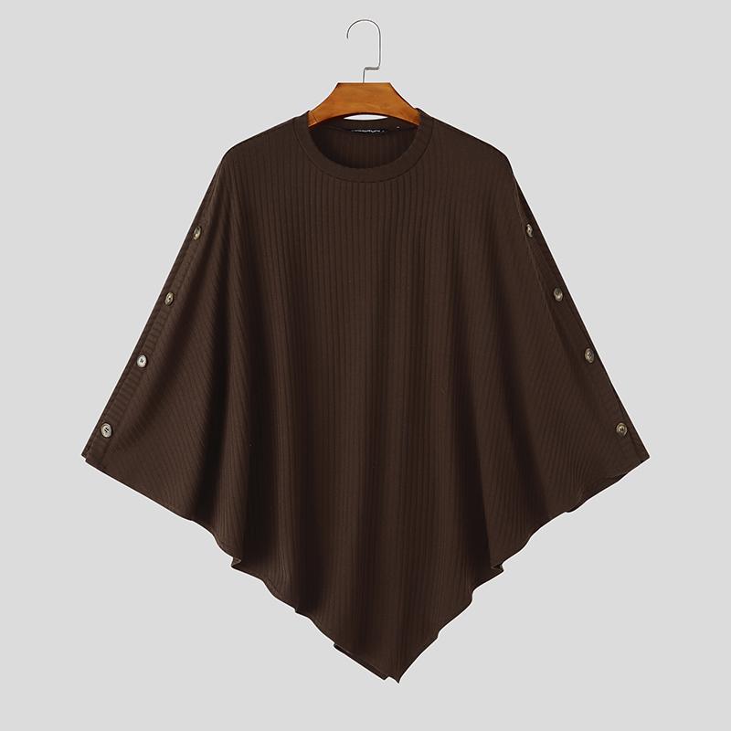 INCERUN Men Ribbed Knit Poncho Tops Side Button Batwing Sleeve Loose Casual Pullovers