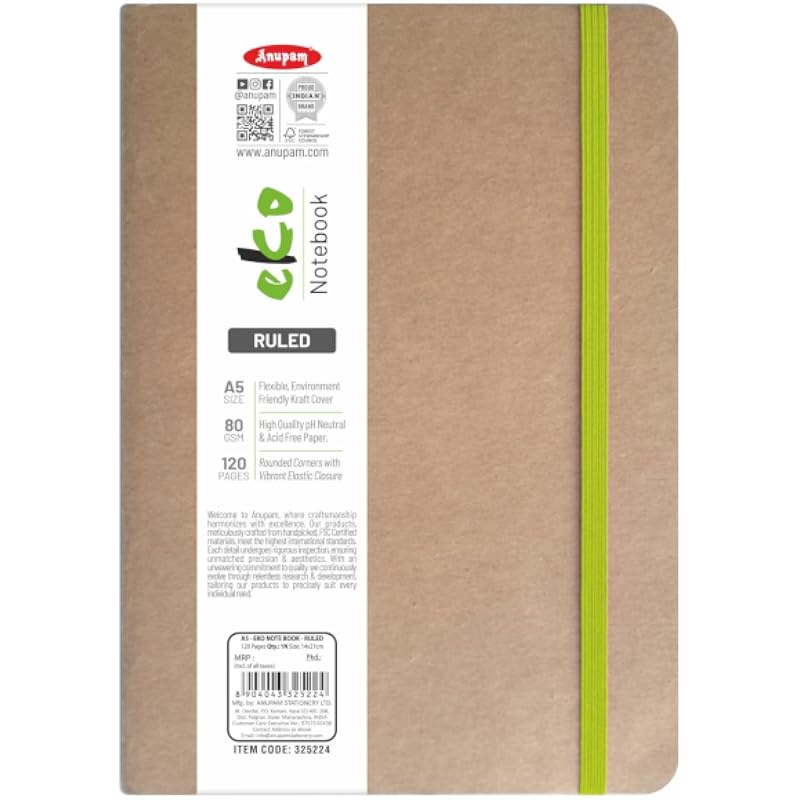 Anupam Eco Friendly Eko Writing Journal With Kraft Paper Cover 80 Gsm A5 (Ruled)