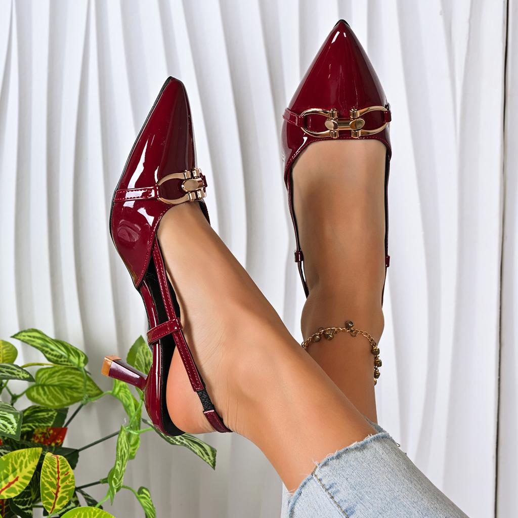 Designer New Women's Dress Shoes Patent Leather Slip on Pointed Toe Sandals Buckle Slingbacks Mid Heels Pumps Sandalias Mujer