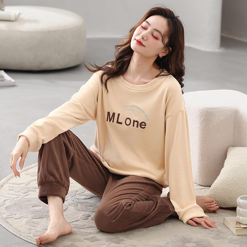 Island Fleece Pajamas Women'S Autumn And Winter Thin Fleece Coral Fleece Cute Pullover Loungewear Set