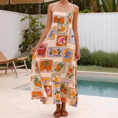 Women's Summer Casual Boho Long Sundress Spaghetti Strap Square Neck Sleeveless Flowy Maxi Dresses A Line Beach Dress for Women