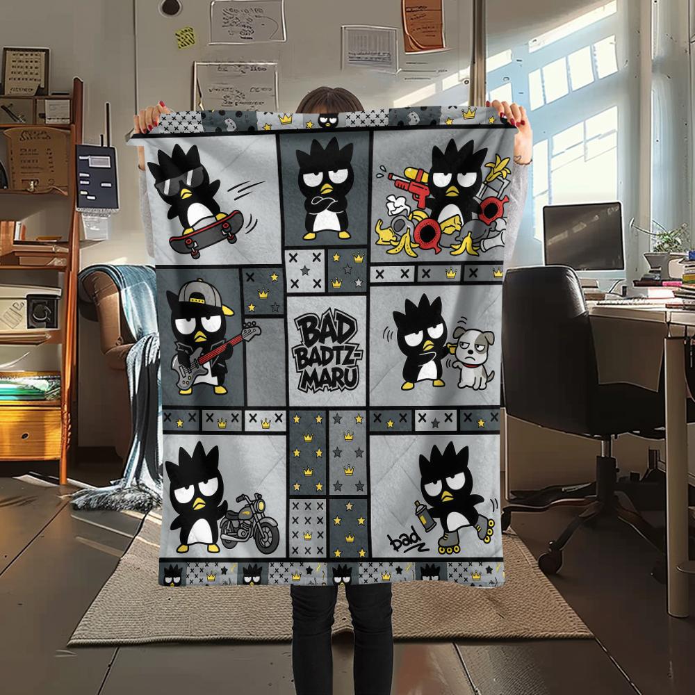 1PC Badtz-Maru Print Flannel Blanket, High Quality All Seasons, Home Decor, Warmth and Comfort, Perfect for Christmas Gifts