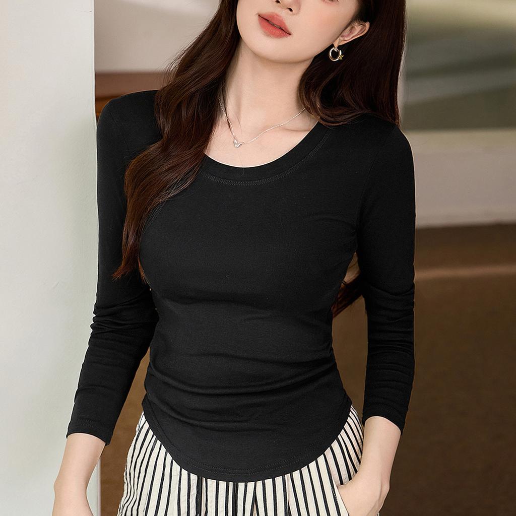 Tricou cu gât rotund Femei Mânecă lungă Toamnă Nou Neregulat Curbat Subțiere Cămașă de bază