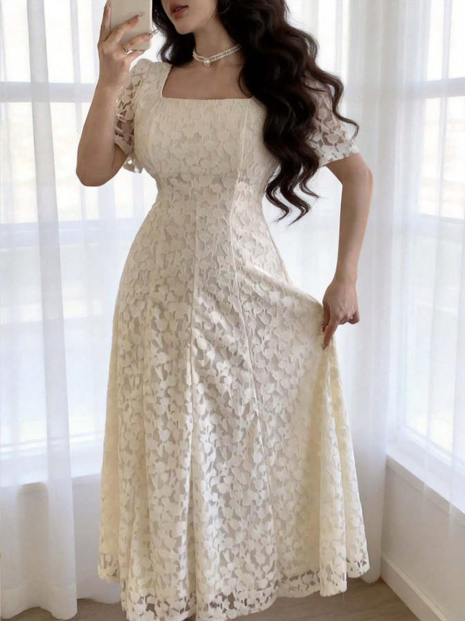 2026 European and American women's clothing women's tulip pattern square collar short-sleeved medium and long skirt summer banquet