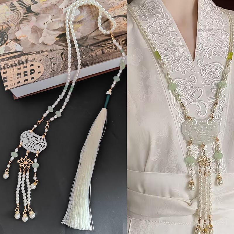 Ethnic Style Hollow Carved Lucky Bag Pendant Green Imitation Jade Handmade Beaded Long Necklace
