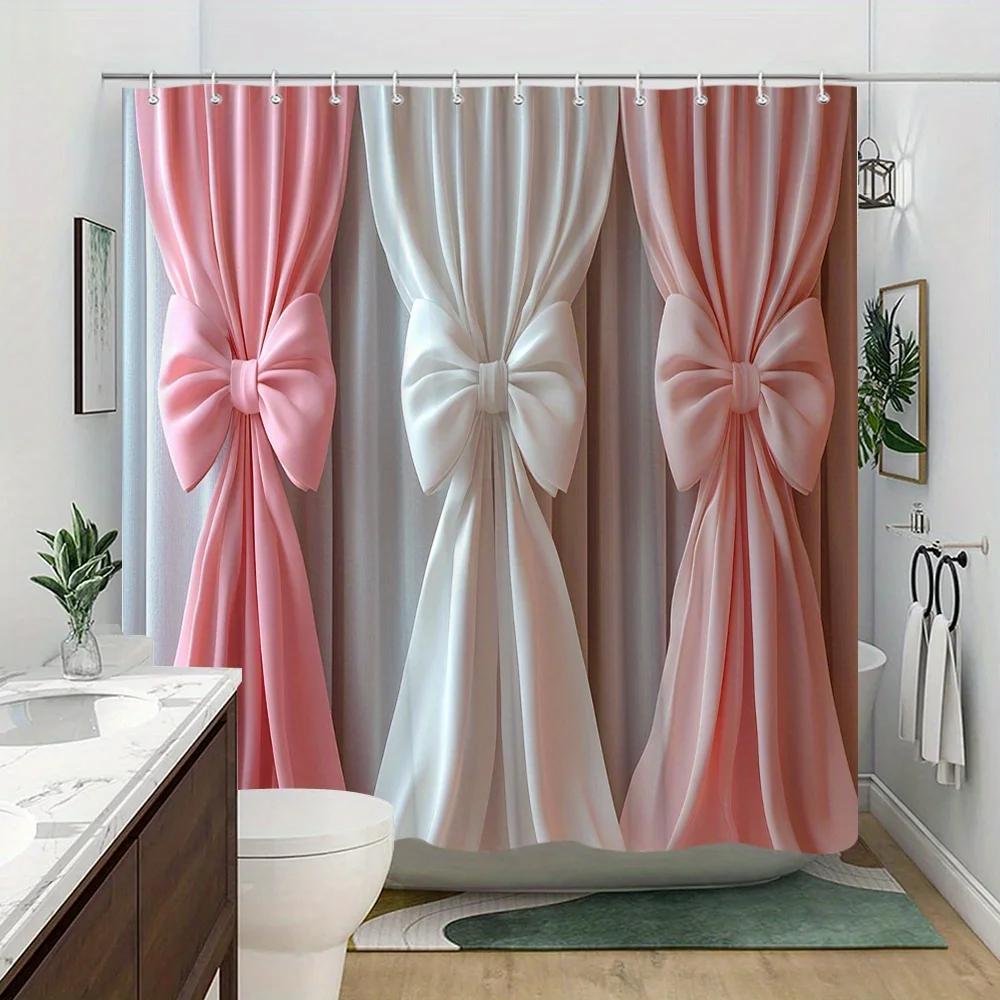 Pink & Peach Bow Shower Curtain - Light Gray Drapes, 12 Hooks, Washable Polyester, Elegant Bath Decor