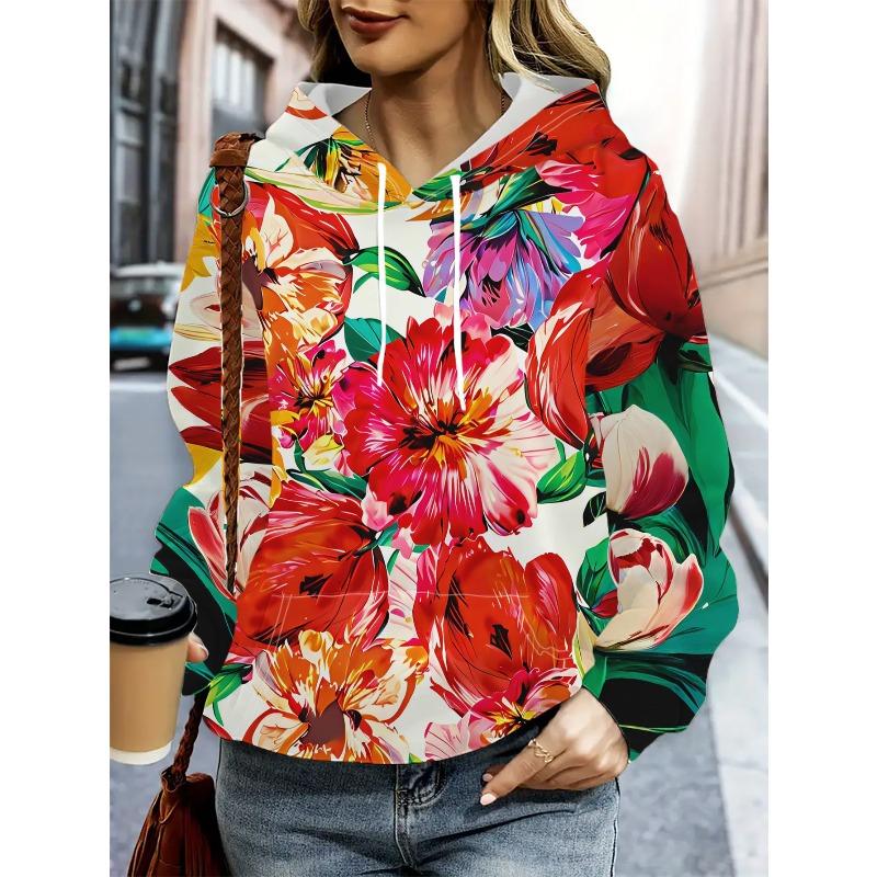 Autumn and Winter Ladies 3D Flower Print Hooded Comfortable and Breathable Versatile Hoodies & Sweatshirts (women’s)