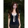 Mu Tao Korean bow button polka dot splicing fake two-piece short-sleeved T-shirt women's summer new low-necked top
