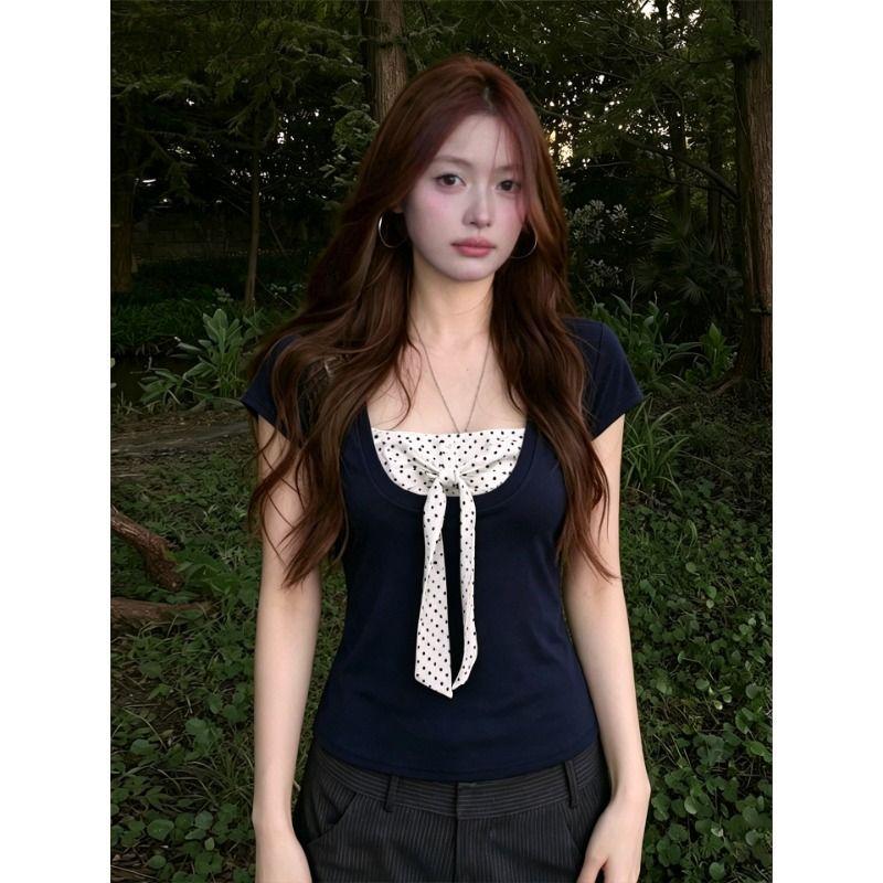 Mu Tao Korean bow button polka dot splicing fake two-piece short-sleeved T-shirt women's summer new low-necked top