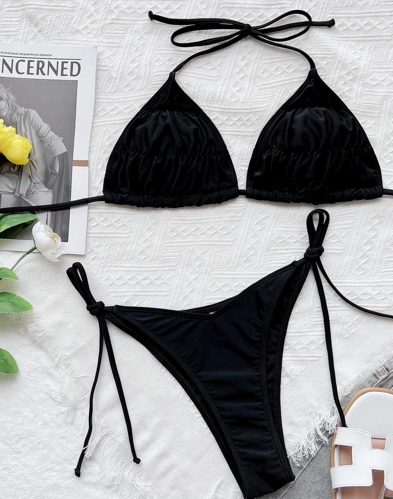 Women's Swimsuit Solid Color Sexy Halter Triangle Back Tie Bikini Set 5 Colour