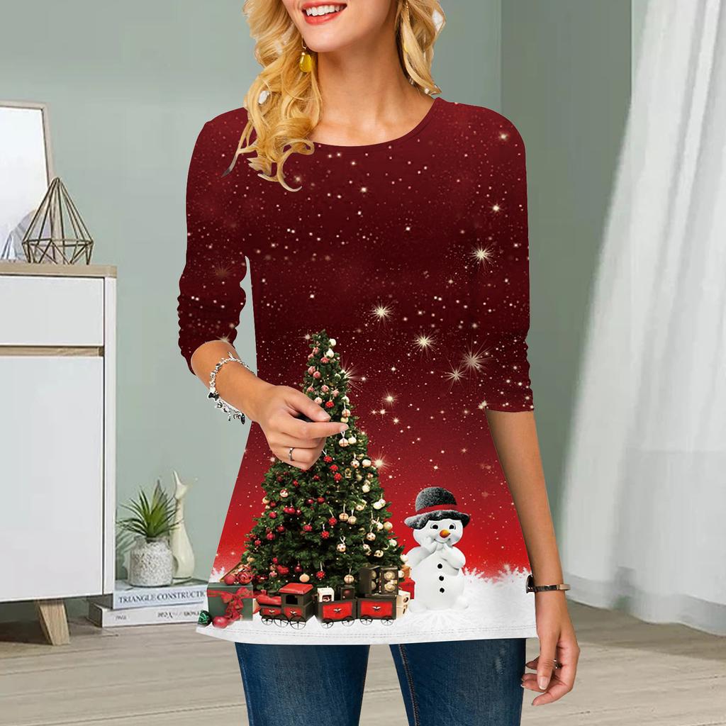 Übergröße Damen Blumen Schneeflockendruck Rundhals Lässiges lockeres Langarmoberteil