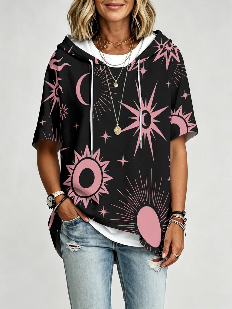 Plus size women's hooded top sun, moon and stars printed bohemian style loose slimming autumn and winter hooded coat
