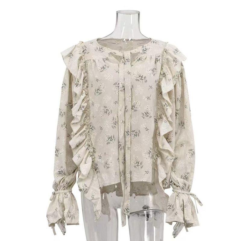 

New French style Design Sense Frill Lace-up Print Shirts round Neck Bell Sleeve Top Printing Shirt Beige L