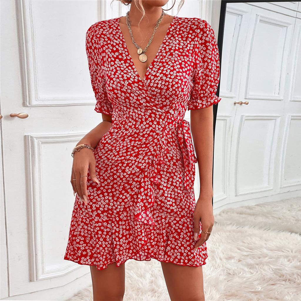 Women's Spring Summer Sexy V-Neck Floral Lace-Up Dress Casual Short Skirt