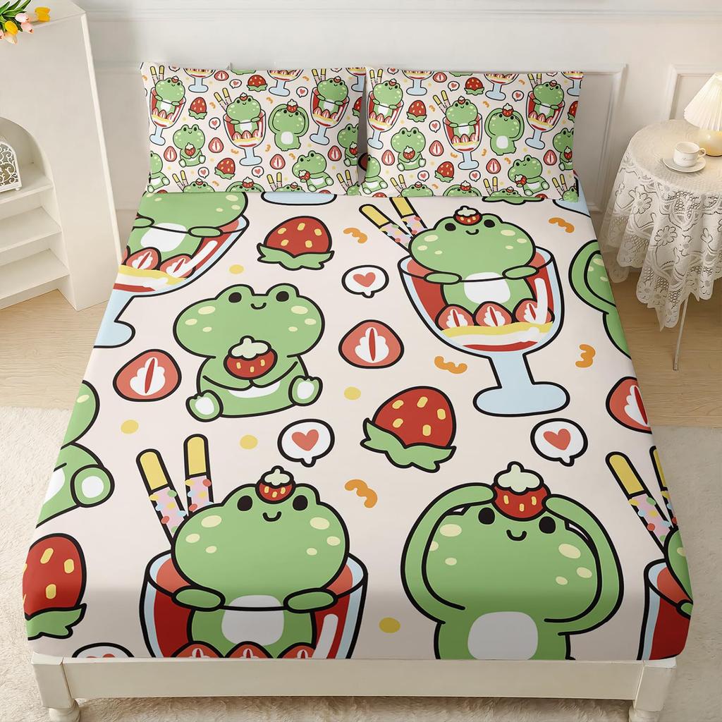 Cute Cartoon Frog Pattern Bed Hat Three-Piece Digital Printing Bedding Bed Hat Three-Piece Set Children And Adults