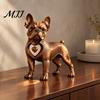 Resin Dog Sculpture Vintage Bronze French Bulldog Figurine, Standing Frenchie Statue with Heart Pendant, Pet Lover Gift Desktop Ornament for