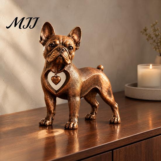 Resin Dog Sculpture Vintage Bronze French Bulldog Figurine, Standing Frenchie Statue with Heart Pendant, Pet Lover Gift Desktop Ornament for