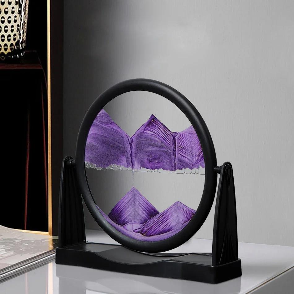 Rotatable Sandscape Moving Sand Art Picture Flowing Sand Painting 3D Liquid Hourglass Round Glass Quicksand Office Home Decor