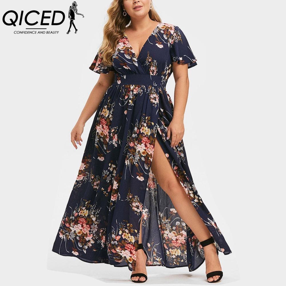QICED L-5XL Dame Mote Sommer Vår Kortermet V-hals Hverdags Kjoler